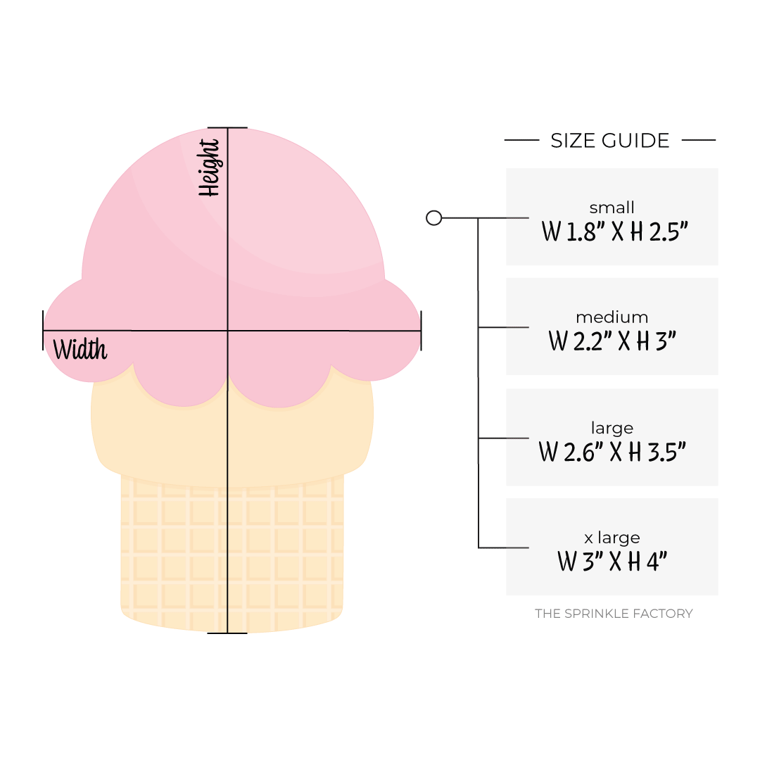Clipart of a classic golden ice cream cone with a single scoop of pink ice cream with size guide.