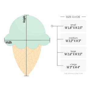 Clipart of a golden sugar cone with a single scoop of mint ice cream on top with size guide.