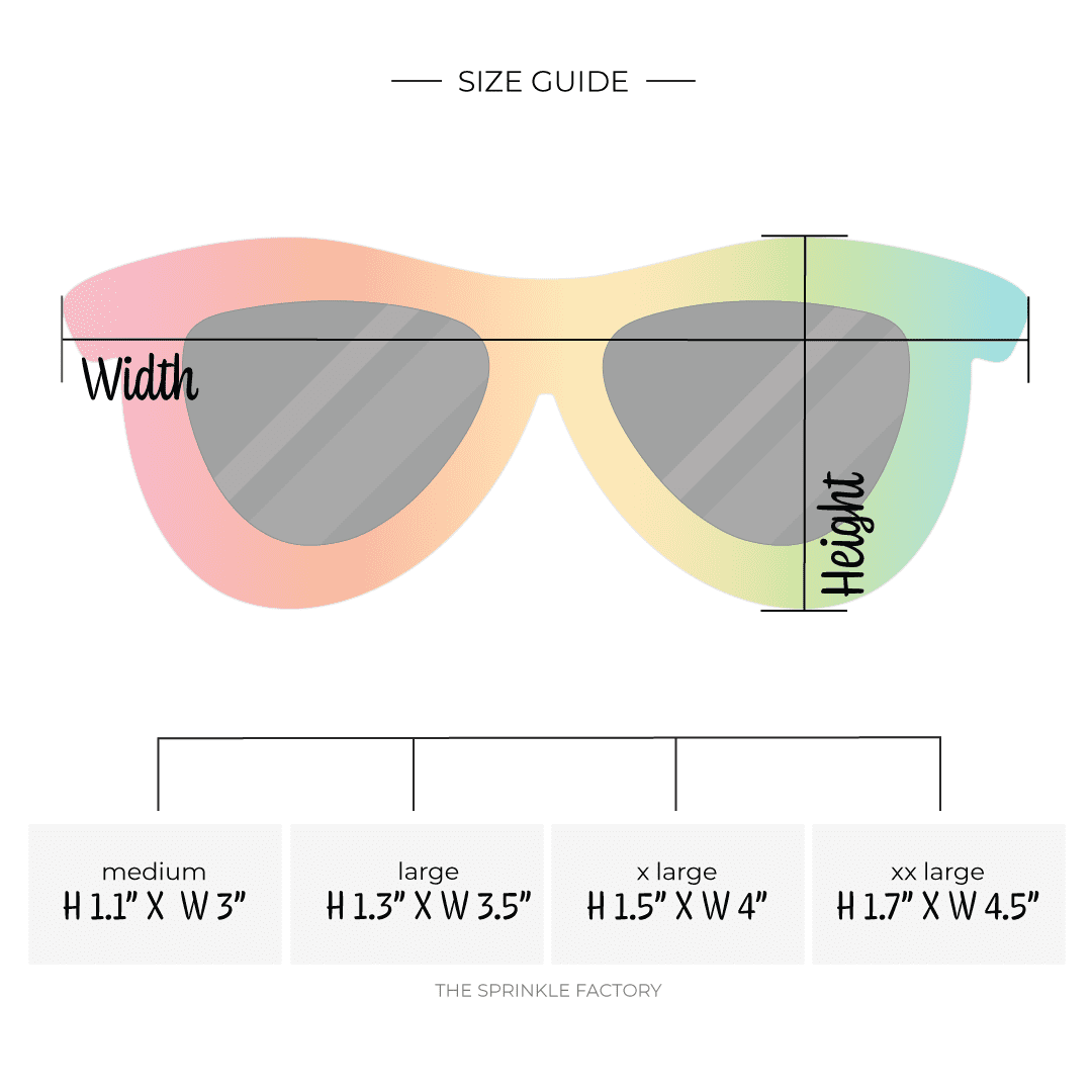 Clipart of sunglasses with a rainbow frame and black lenses with size guide.