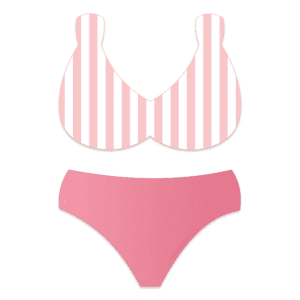 Clipart of a two piece bikini with thick straps and a white and light pink chunky stripe on the top and a darker pink bottom.