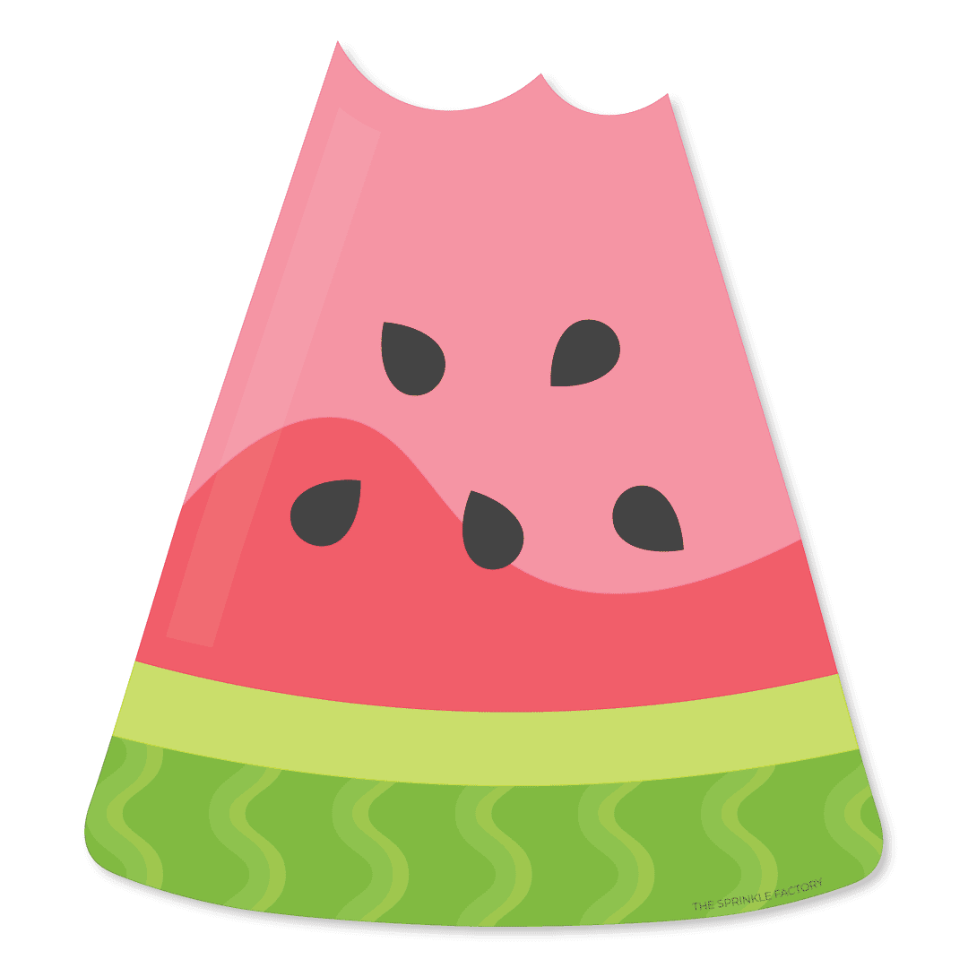 Clipart of a triangle shaped watermelon slice with dark and light green skin and a two ton pink inside with black seeds with a bite out of the top.