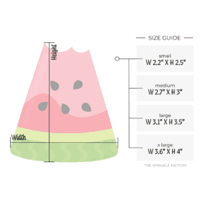 Clipart of a triangle shaped watermelon slice with dark and light green skin and a two ton pink inside with black seeds with a bite out of the top and size guide.