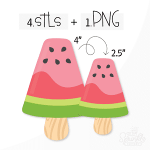 Clipart of a triangle shaped watermelon slice with dark and light green skin and a two ton pink inside with black seeds on a wooden stick.
