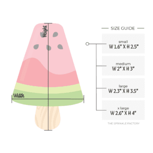 Clipart of a triangle shaped watermelon slice with dark and light green skin and a two ton pink inside with black seeds on a wooden stick with size guide.