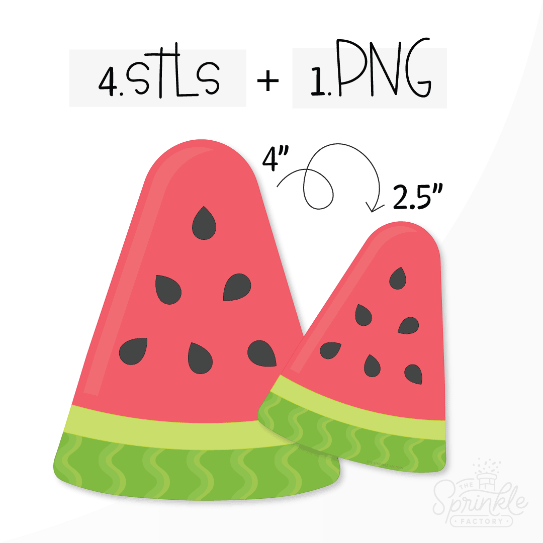 Clipart of a triangle shaped watermelon slice with dark and light green skin and a two ton pink inside with black seeds.