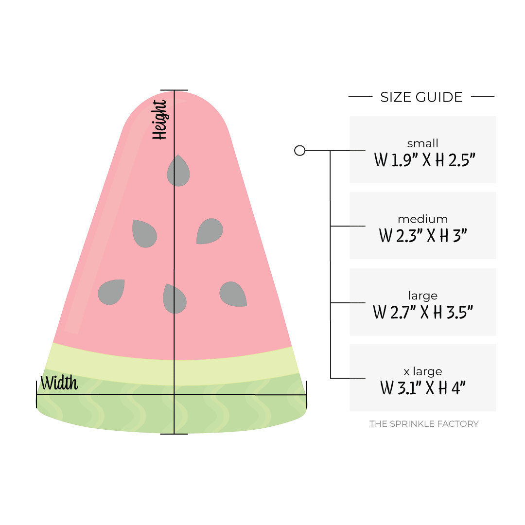 Clipart of a triangle shaped watermelon slice with dark and light green skin and a two ton pink inside with black seeds with size guide.