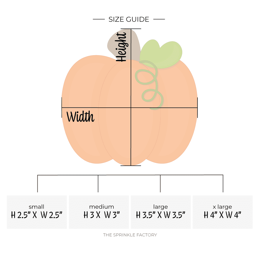 Classic orange pumpkin with a brown top, green leaf and green curly vine and size guide.