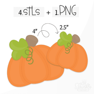 Clipart of a squatty orange pumpkin with a green leaf, brown top and a curly green vine.