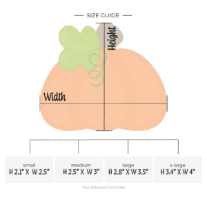 Clipart of a squatty orange pumpkin with a green leaf, brown top and a curly green vine with size guide.
