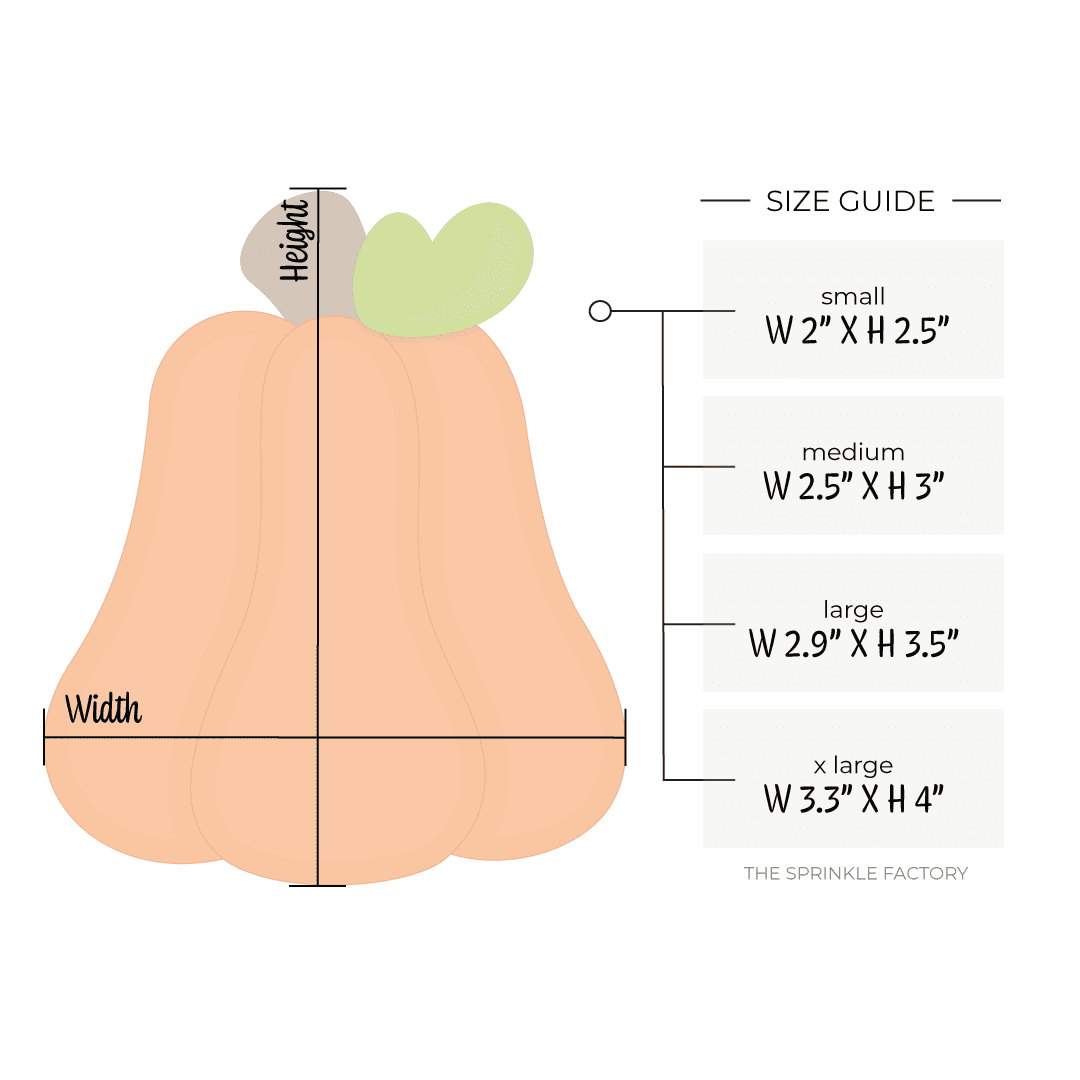 Clipart of a tall gourd shaped orange pumpkin with a brown top and green leaf with size guide.