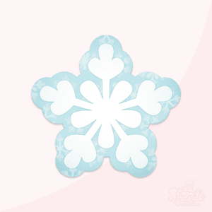 Clipart of a white snowflake in front of an offset light blue background with faint snowflake print.