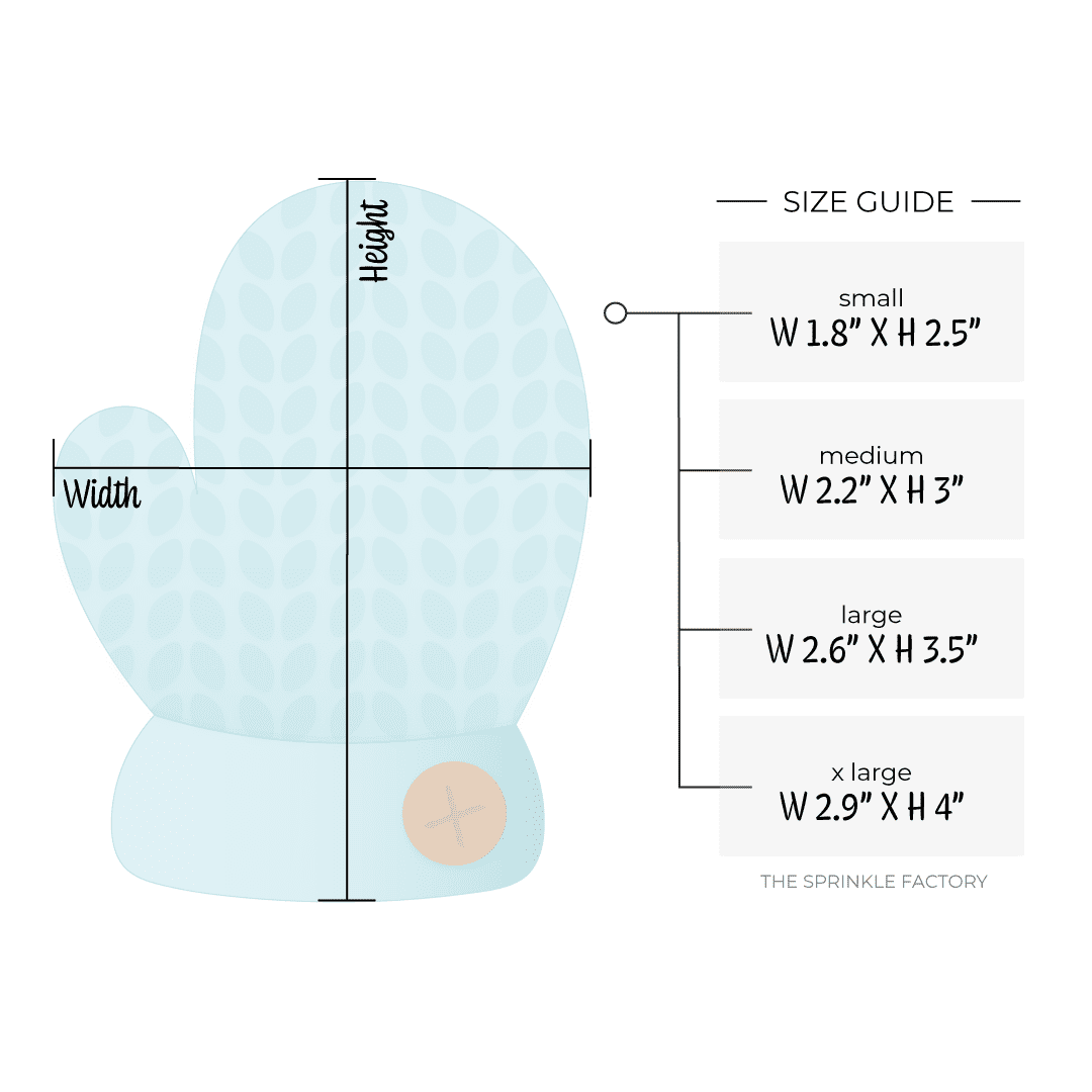 Digital image of a blue mitten with a brown button and size guide.