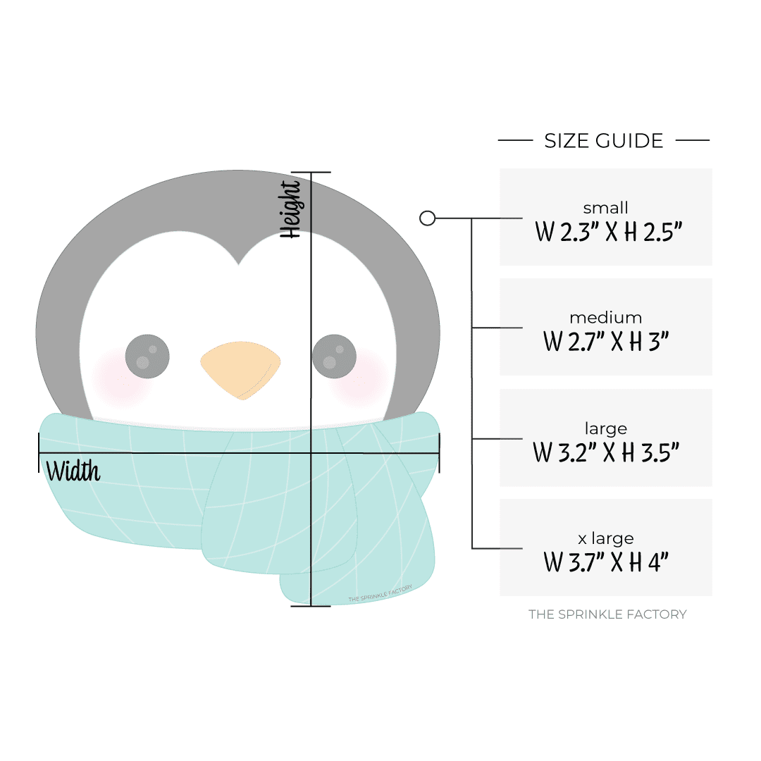 Clipart of a black and white penguin face with a blue scarf and size guide.