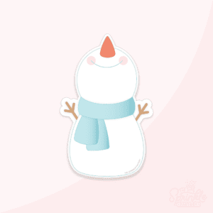 Clipart of a 2 ball white snowman looking to the sky with orange carrot nose and blue scarf.