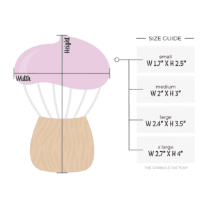 Clipart of a wooden whisk with silver top and purple icing with size guide.