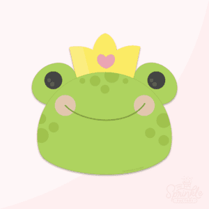Clipart of a green frog head smiling wearing a gold crown with a pink heart on it.