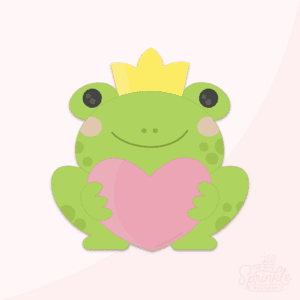 Clipart of a green frog holding a pink heart wearing a gold crown.