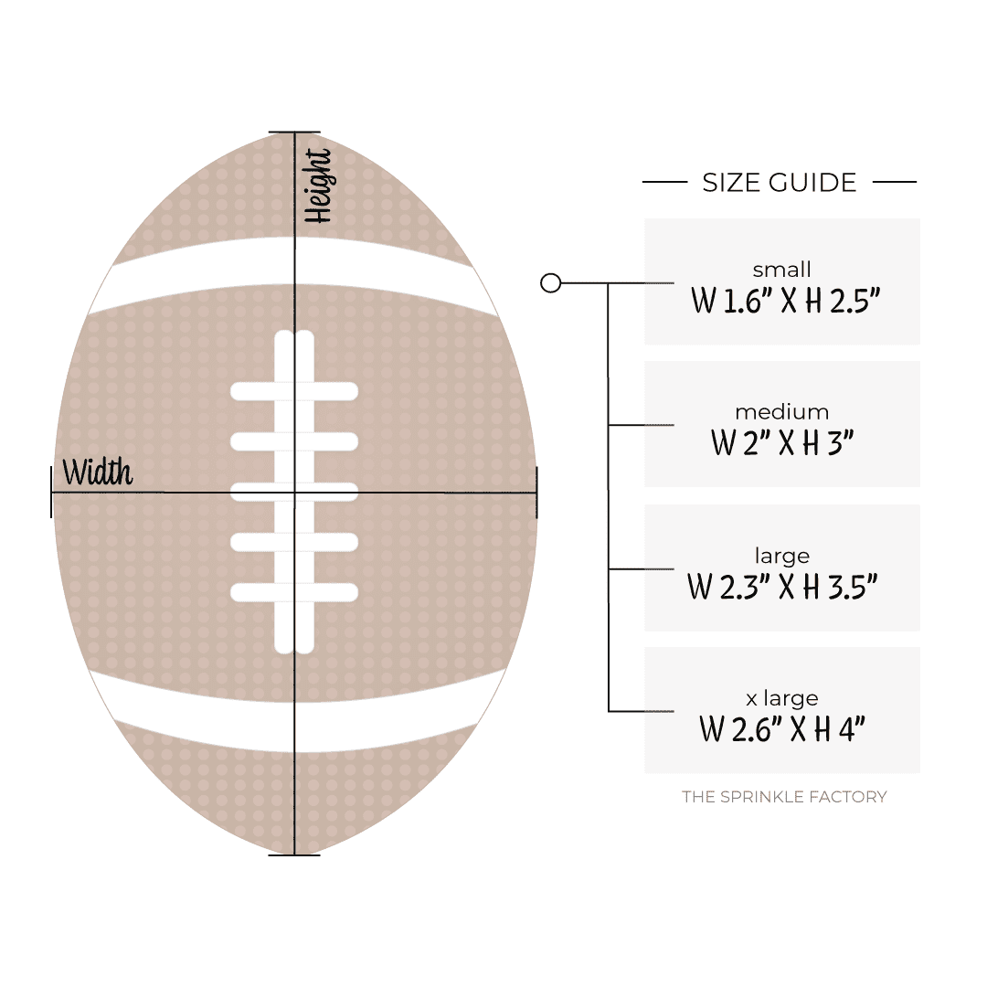 Clipart of a brown football with size guide.