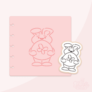 A graphic image of a PYO bunny holding an egg stencil on a pink background.