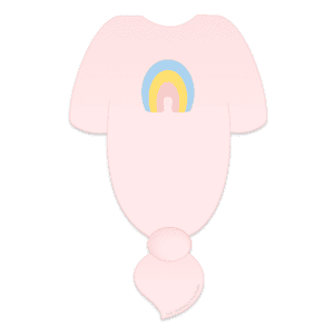 Clipart of a pink baby swaddle blanket with a knot at the bottom and a blue, yellow and pink rainbow on the middle of the chest.