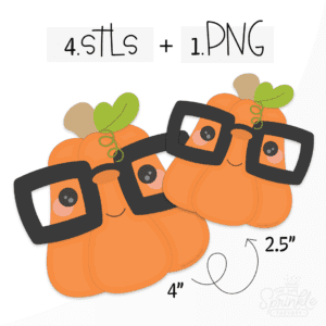 Clipart of an orange pumpkin with brown stem and green leaf wearing big black glasses with a round nose and black smile.