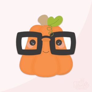 Clipart of an orange pumpkin with brown stem and green leaf wearing big black glasses with a round nose and black smile.