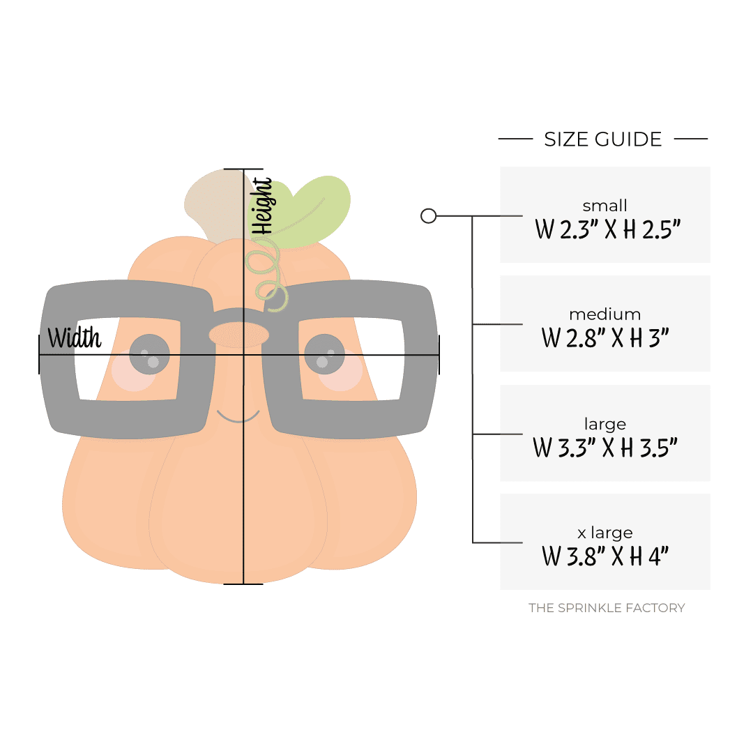 Clipart of an orange pumpkin with brown stem and green leaf wearing big black glasses with a round nose and black smile with size guide to the right.