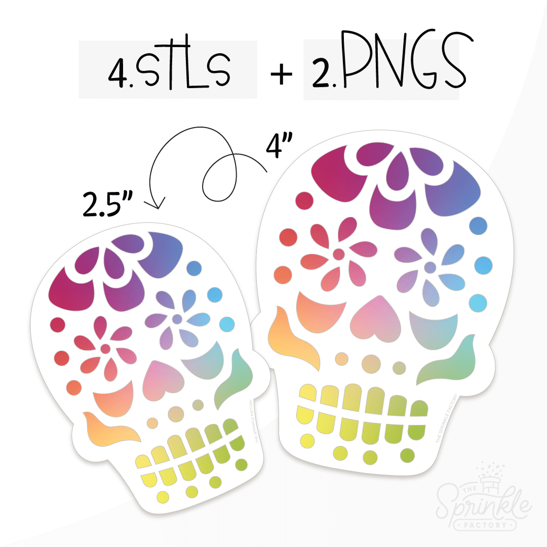 Clipart of a white sugar skull with a classic rainbow pattern design.