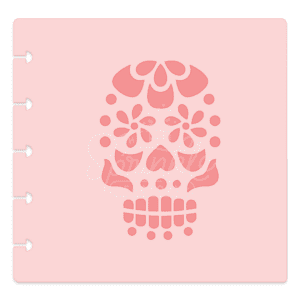 Image of a pink stencil with a dark pink sugar skull design.