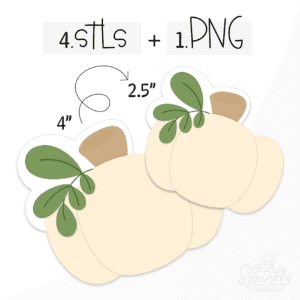 Clipart of a cream colored pumpkin with a brown stem and a green stem with leaves.
