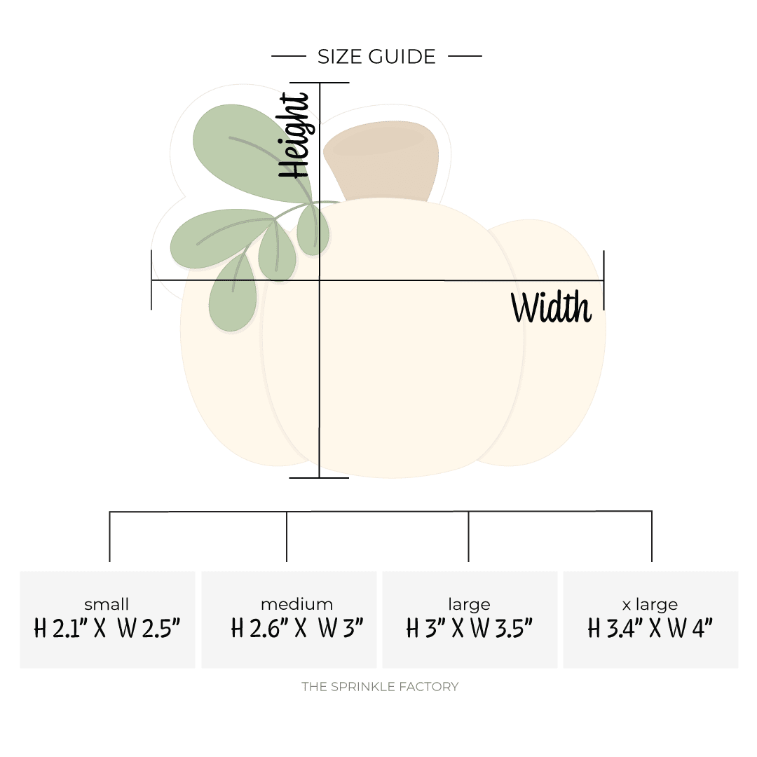 Clipart of a cream colored pumpkin with a brown stem and a green stem with leaves and size guide.