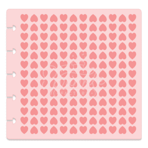 Image of pink stencil with red hearts in rows. Every other row is upside down.