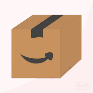 Clipart of a brown shipping box with black tape and a black logo.