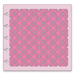 An image of a light pink stencil with a dark pink floral mosaic print.