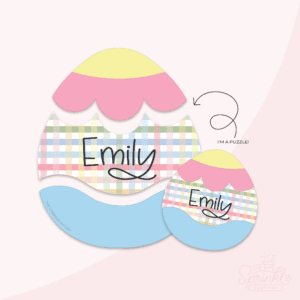 3 Part easter egg with the top section being yellow and pink, the middle has a pastel plaid pattern and the bottom is light blue with the name Emily in cursive writing.
