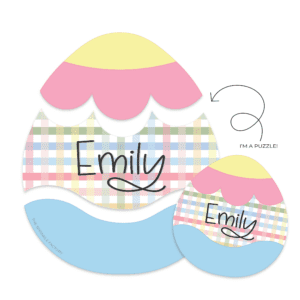 3 Part easter egg with the top section being yellow and pink, the middle has a pastel plaid pattern and the bottom is light blue with the name Emily in cursive writing.