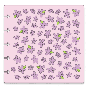 An image of a pink stencil with purple flower blossoms and small green leaves.