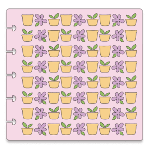 Image of a pink stencil with orange gardening pots and purple flowers.