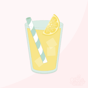 Image of a tall class of iced lemonade with lemon slice and a striped straw