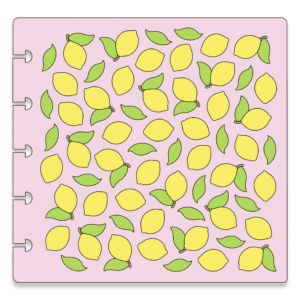 Image of a pink stencil with yellow lemons and green leaves.