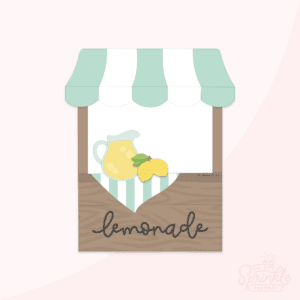 Image of wooden lemonade stand with teal and white awning with the word lemonade on the front