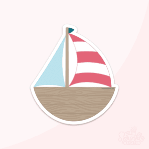 Image of wooden sailboat with red and white striped sail