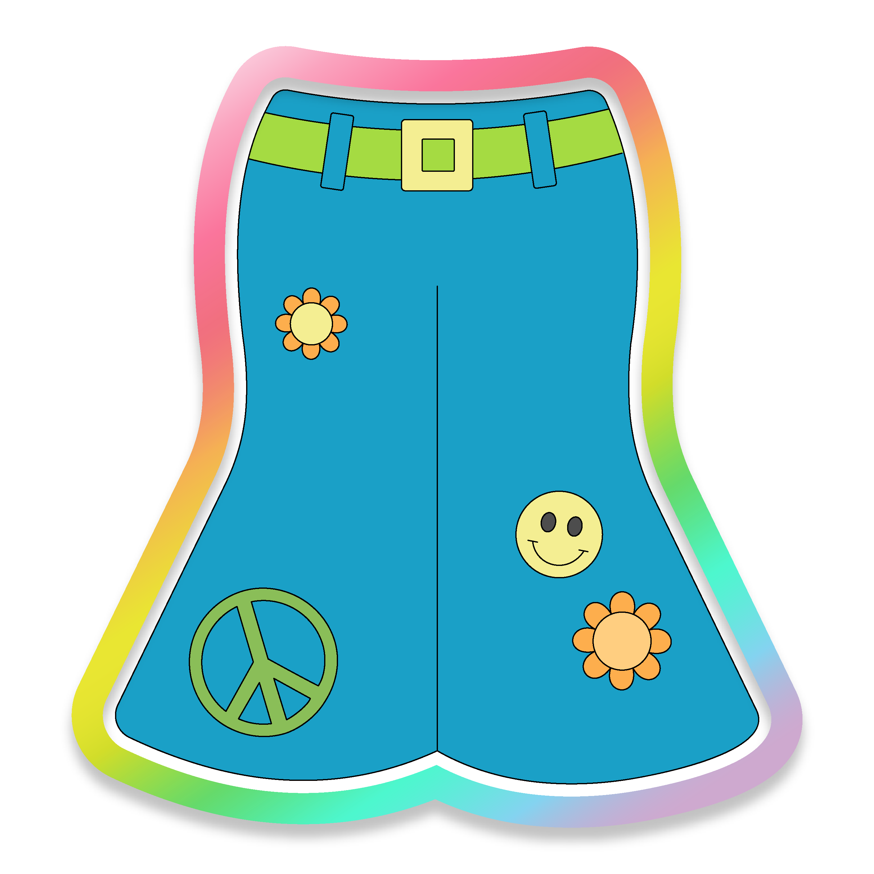 Clipart image of a blue pair of bellbottoms with icons on them.