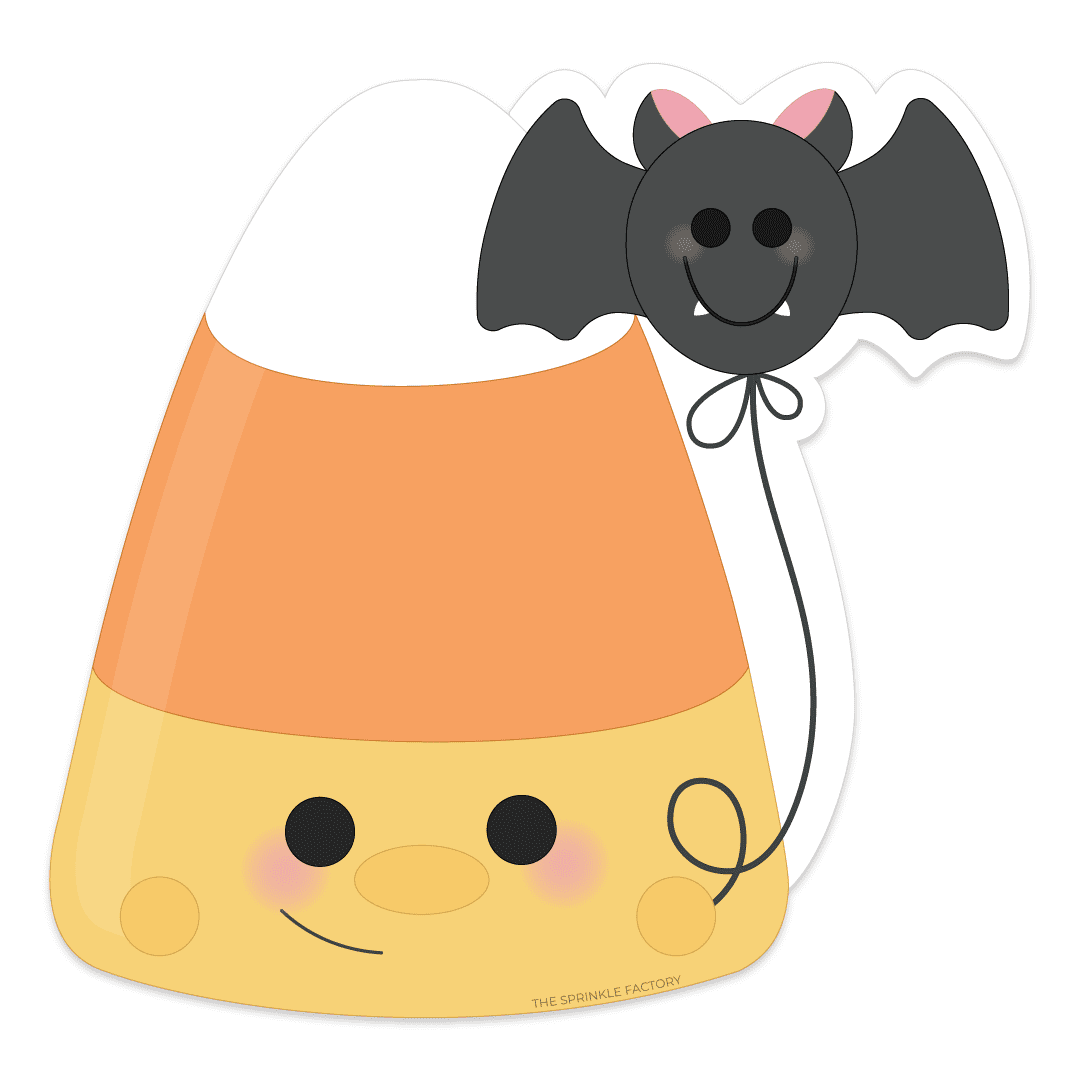 Clipart of a candy corn with a smiling face holding a black string to a bat balloon.