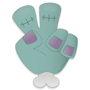 Clipart image of a Frankenstein hand making a peace sign.