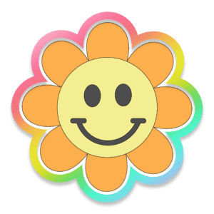 Clip art image of a daisy with orange petals and yellow center with a black smily face.