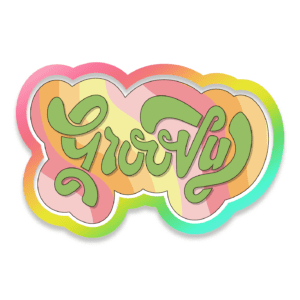 Clipart image of the word groovy in green with a retro print behind.