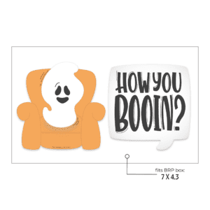 Clipart of a white ghost sitting on an orange arm chair with a speech bubble to the right that says HOW YOU BOOIN? In black.