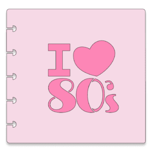 A clipart imagoes a pink stencil with I love 80's on it in bright pink.