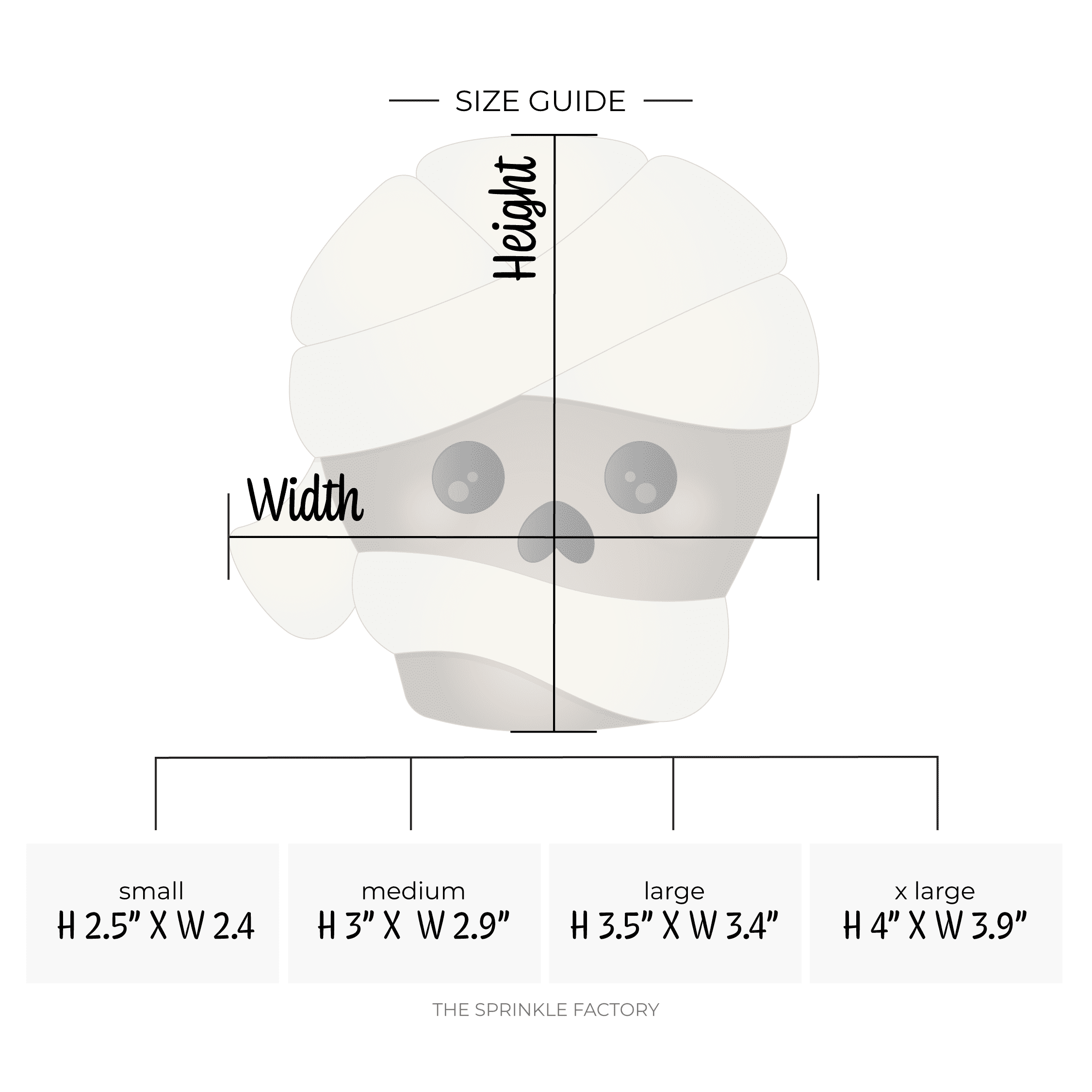 Clipart of a mummy with wrap around its head and a grey skull with black eyes and size guide below.